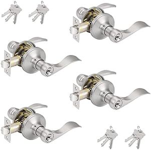 Probrico (4 Pack Wave Style Keyed Alike Entry Levers, Keyed Reversible Door Handles with Lock and Same Keys, Exterior Interior Entry Locks in Satin Nickel Finish