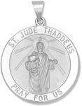 RP 14k White Gold Polished Saint Jude Thaddeus Round Pendant Medal, 3/4" Size of Dime