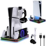 Helmsyde PS5/ PS5 Slim Stand with Cooling Fan for Disc & Digital Console Charging Station for PS5 & Edge Console & PS5 Portal, PS5/PS5 Slim Cooling Station with RGB Light, Headset Hook, Fan, USB Hub