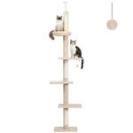 PETEPELA Cat Tower 5-Tier Floor to Ceiling Cat Tree Height(95-107 Inches) Adjustable, Tall, Climbing Tree Featuring with Scratching Post, Cozy Bed,Interactive Ball Toy for Indoor Cats/Kitten Beige