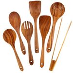 7 Pcs Non-Scratch Natural Teak Wooden Utensils, Natural Teak Wood Non-Stick Cooking Spatulas Spoons for Kitchen Cooking