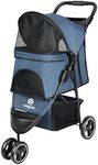 AESRAOU 3 Wheels Pet Stroller Dog Cat Stroller One-Hand Fold, Dog Travel Carrier with Storage Basket + Cup Holder, Dog Strollers for Small and Medium Dogs Outdoor Walking (Navy-1)