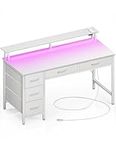 Seventable Computer Desk with Power Outlets & LED Light, 55 inch Home Office Desk with 5 Drawers, Writing Desk with Monitor Stand, Work Desk for Home Office, White