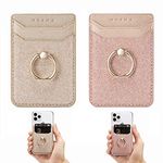 Phone Card Holder Sleeve with Kickstand Ring for Women, DMaos 2 Pieces RFID Credit Wallet Glitter Stick On Back Grip for iPhone Samsung - Pink + Gold