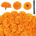 JMUQ 80 Pcs Artificial Marigold Flowers, 2 inch Silk Marigolds Bulk with Stems, Orange Artificial Flowers for Dia De Los Muertos Diwali Home Decor Marigold Garland Day of The Dead Decorations