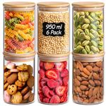 ComSaf 950ml Glass Storage Containers with Lids, Glass Jars with Bamboo Lids, Clear Food Storage Jar, Round Canister Set of 6, Pantry Organizers and Storage for Pasta Flour Rice Tea Coffee Bean