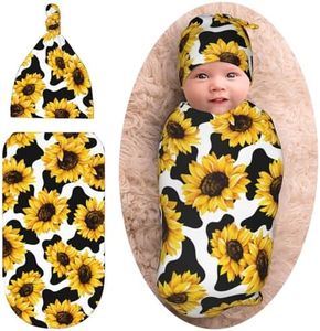 WELBB Baby Girl Boy Gifts Newborn Swaddle Blanket With Beanie Hat Set Stretchy Receiving Blankets Newborn Essentials for Girls Boys, Sunflower Cow Print