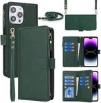 Cavor for iPhone 15 Pro Case 6.1 inch PU Leather Folio Flip Wallet Back Cover Magnetic Case with Long Shoulder Lanyard Zipper Coin Purse 9 Card Holder Kickstand Wristlet Strap-Green