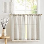 JINCHAN Linen Kitchen Curtains Taupe Gray Striped Tier Curtains 24 Inch Cafe Curtains Farmhouse Small Curtains Balanced Stripe Kitchen Curtain Light Filtering for Bathroom 2 Panels Taupe Grey on Beige