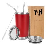 Y·J&H 20oz (550ml) Travel Tumbler Double Wall Vacuum Insulated Coffee Mug Stainless Steel Coffee Cup with 2 Splash Proof Lid, 2 Straws & Free Cleaning Brush, BPA Free - Red