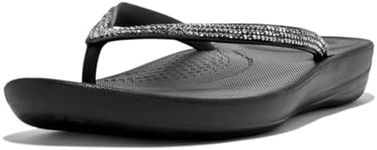 FitFlop Women's iQushion Sparkle Ergonomic Flip Flops for Walking, Lightweight Waterproof Cushioned Thong Sandals for Women with Non Slip Bottom and Arch Support, Rubber Beach Sandal, Black, 9 US