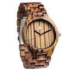 Treehut Men's Ebony Wooden Watch with All Wood Strap Quartz Analog with Stainless Steel Tri-Fold Clasp (Zebrawood Wooden Watch)