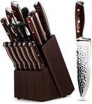 Kitchen Knife Set 15-Piece with Wooden Block. Ultra Sharp High Carbon German Stainless Steel Hammer Pattern Chef & Steak Knives. Full Tang Design with Forged Triple Rivet. Boxed Knife Set