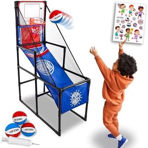 Pop-A-Shot Lil’ Pop Game | Indoor Arcade Basketball Hoop for Kids Age 3-6 | 3 Balls & Sticker Pack | Electronic Scoreboard, Music, Sound FX