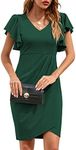 ihot Formal Dress for Women Deep V Neck Ruffle Sleeve Sheath Bodycon Casual Cocktail Party Evening Faux Wrap Dresses Work Office Dress with Front Slit,Dark Green,X-Large