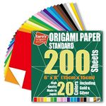 [Taro's Origami Studio] Standard 6 Inch One Sided 20 Colors 200 Sheets Square Easy Fold Premium Japanese Paper for Beginner (Gold and Silver Included) Made in Japan