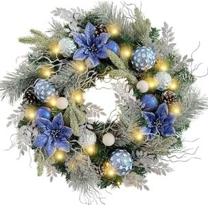 WANNA-CUL Pre-Lit 24 Inch Christmas Wreath for Front Door Silver Blue Lighted Christmas Door Wreath Decoration with Ball Ornaments, Poinsettia Flowers,Pine Cones, Battery Operated 30 LED Lights