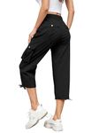 Hormtaer Women Cropped Trousers Cargo Summer Capri Joggers Ladies Pants 3/4 Length Sweatpants Outdoor Casual Hiking Trousers with 6 Pockets (Black, XL)