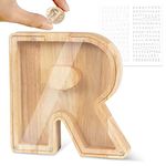 Mikytoper Wooden Letter Money Box, Personalised Piggy Bank, Money Jar for Kids, Creative Clear Money Bank for Birthday Gift/Home Decoration/Keepsake (R)