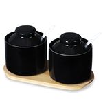 ONTUBE Ceramic Sugar Bowl with Lid and Spoon Set of 2,Porcelain Seasoning Box Salt Bowl with Tray,8oz (Black)