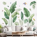 decalmile Tropical Palm Leaves Wall Decals Nature Banana Leaf Green Plants Birds Wall Art Stickers Living Room Sofa TV Background Wall Decor