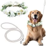 Shinylin 2 Pcs Dog Flower Collar Wedding and Leash Set Pearls for Dogs 120 cm 4 ft Pearls Beaded Dog Leash Dog Collar Bows for Wedding Adjustable for Medium Dogs Floral Collars Pet