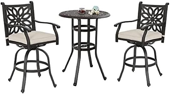 MFSTUDIO 3 PCS Retro Cast Aluminum Patio Bar Set with 2 Swivel Bar Height Stool and 1 Bar Round Table, All Weather Resistant Outdoor Table and Chairs Set