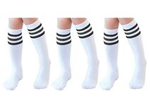 TOCONFFON Knee High Tube Socks for Boys, Girls, Baby, Toddler & Child 3,4 Pairs, Black Strips 3 Pairs, 8-12 Years