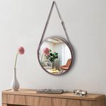 Artemade Round Iron Framed Wall Mirror with Adjustable Leather Hanging Belt Strap Design Modern Makeup Mirror for Bathroom Home Living Room Decor (Brown, 40 Cm)