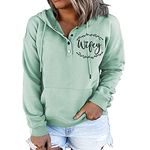 Womens MOM Mode Hoodies Sweatshirts Casual Long Sleeve Half Button Down Pullover Drawstring Loose Tops with Pockets, Wifey Green, XL