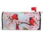 Wamika Spring Flowers Birds Mailbox Covers Magnetic Summer Sakura Red Cardinal Mailbox Cover Oversized 25.5" X 21" Mailbox Wraps Post Letter Box Cover Home Garden Decorations