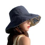 Lziizl Reversible Bucket Hat Women UV Sun Protection Wide Brim Fisherman Hat Summer Beach Travel Cap Navy Blue