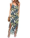 AUSELILY Women Beach Dress Long Summer Casual Maxi Dress Holiday Dress Tropical Leaf Print Spaghetti Strap Beach Cover ups Sleveless V Neck Long Dress with Side Split M