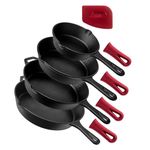 Pre-Seasoned Cast Iron Skillet 4-Piece Chef Set (6-Inch 8-Inch 10-Inch 12-Inch) Oven Safe Cookware - 4 Heat-Resistant Holders - Indoor and Outdoor Use - Grill, Stovetop, Induction Safe