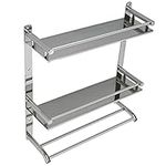 BBL Bathroom Shelf, Stainless Steel Bathroom Shelf Wall Mounted Shower Storage Organizer with Towel Rack, Hooks for Bathroom Kitchen Storage (Double Tier), Silver