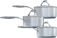 Circulon SteelShield Stainless Steel Saucepan Set of 3 - Induction Suitable Saucepans 16/18/20cm with Hybrid Non Stick, Glass Lids & Stay Cool Handles, Dishwasher Safe Cookware