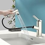 HEROBAI Single Hole Bathroom Faucet, Fountain Bathroom Faucets with Sprayer, Single Handle Modern Pull Out Bathroom Sink Faucet with 3 Water Flow Modes (Brushed Nickel)