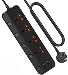 3M/9.84FT Extension Lead 4 AC Way With Fast Charger 3 USB+1 Type-C Slots,13Amp UK Plug Power,Protected Extension Cord with Individual Switches,Power Strip for Home Office (Black)