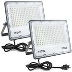 150W LED Flood Light, Outdoor Security Lights Wall Fixtures 6500K 15000LM Illumination, IP66 Waterproof White Lighting Projects for Ball Ground, Parking Lot, Pathway, Yard (2 Pack)