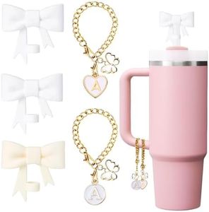 LUHOHI Bow for Stanley Straw Topper- 3pcs Cute Cup Bow Straw Cover Silicone Cap 10mm with 2pcs Initial Letter Charms Name Id Personalized Accessories 40/30 Oz Tumbler Water Bottle Cups White-A
