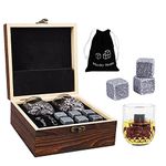 Whisky Stones and Glass Gift, KissDate 6PCS Natural Granite Whiskey Chilling Stones and Stylish Wooden Box, Reusable Bourbon Cognac Scotch Wine Gin Ice Cube for Father Boyfriend Birthday Anniversary