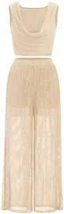 AFAVOM Sequin Lyrical Dance Costume for Women Lyrical Dance Dress Sleeveless Ruffle Crop Top with Wide Leg Pants Ballet Leotard Shorts 2PCS Lyrical Outfit Adult Contemporary Dance Costume Champagne XL