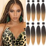 Leeven 8 Packs Brown Pre Stretched Braiding Hair Extensions Ombre 26 Inch Yaki Kanekalon Hot Water Setting Fiber Pre-stretched EZ Braiding Hair for Box Braids Knotless Braids /26 Inch T27#