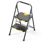 KINGRACK 2 Step Ladder, Sturdy Steel Step Stool with Safe-Lock Design, Handrail, Anti-Slip Wide Pedals, Pass 800lbs Load Testing, Folding Portable Ladder for Multi-Purpose, Home, Kitchen, Black