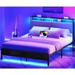 HOOBRO Queen Bed Frame with Storage Headboard, Upholstered Platform Bed, Bed Frame with Charging Station and LED Light, Headboard with Storage Shelves, USB Ports, Charcoal Gray BCG04UDBF01