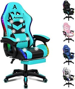 ALFORDSON Gaming Office Chair with 12 RGB LED Lights & 8 Point Massage, Racing Computer Chair with Lumbar Support & Retractable Footrest, Ergonomic Desk Chair with PU Leather Seat Gamer (Cyan Black)
