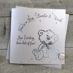 WHITE COTTON CARDS YOU'RE A NEW AUNTIE & UNCLE HOW EXCITING, HAVE LOTS OF FUN Hand Finished Card -TEDDY BEAR-SILVER B264