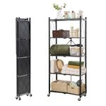 Poofzy 5-Tire Foldable Storage Shelves with Wheels, Collapsible Folding Shelf, Heavy Duty Folding Shelves No Assembly, Metal Wire Shelving Unit for Garage Kitchen, Basement, Pantry