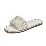 EETTARO Women's Sparkle Pearl Flat Sandals Fashion Square Open Toe Jeweled Slides Slip on Rhinestone Bling Slippers, White Prl, 9