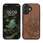 kwmobile Wood Case Compatible with Apple iPhone 16 Case - Cover - Navigational Compass Dark Brown